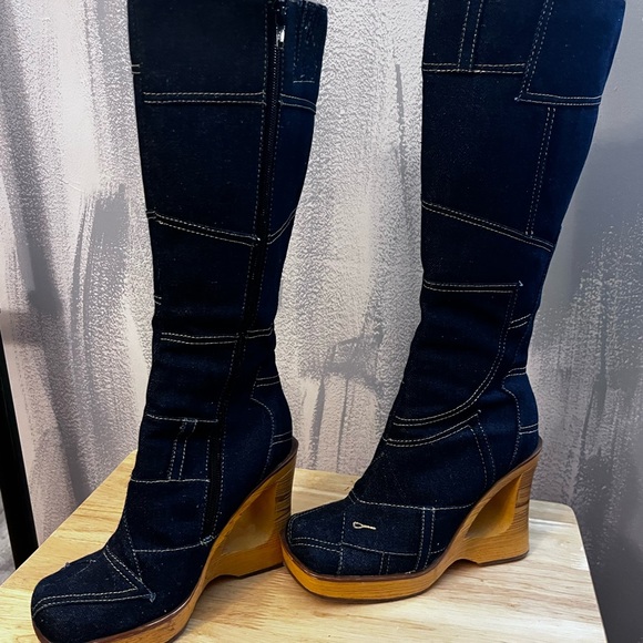 Vintage Splash Patchwork Denim Platform Wedge Boots. Y2K Statement.  Size 7 - Picture 5 of 14